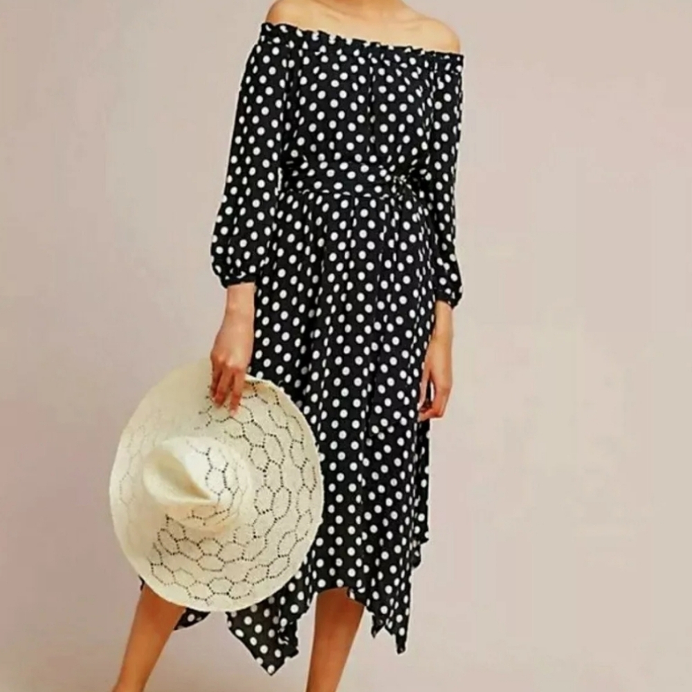 Anthropologie Maeve Black Polka Dot Dress 4 Retro Handkerchief Boho Off Shoulder